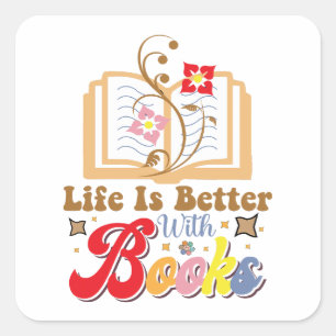 Sticker Carré Amoureux de livres mignon Citation "La vie est mei