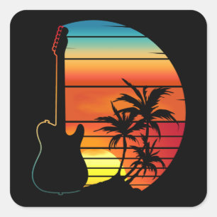 STICKER CARRÉ AMOUREUX DE MUSIQUE RÉTRO GUITARE COUCHER DE SOLEI