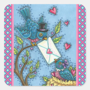 STICKER CARRÉ AMOUREUX DE ROUGE-GORGE MIGNON, OISEAU DE L'AMOUR
