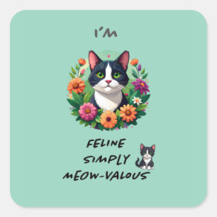 Sticker Carré Amoureux des chats floral Chat Tuxedo