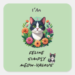 Sticker Carré Amoureux des chats floral Chat Tuxedo 'Autocollant