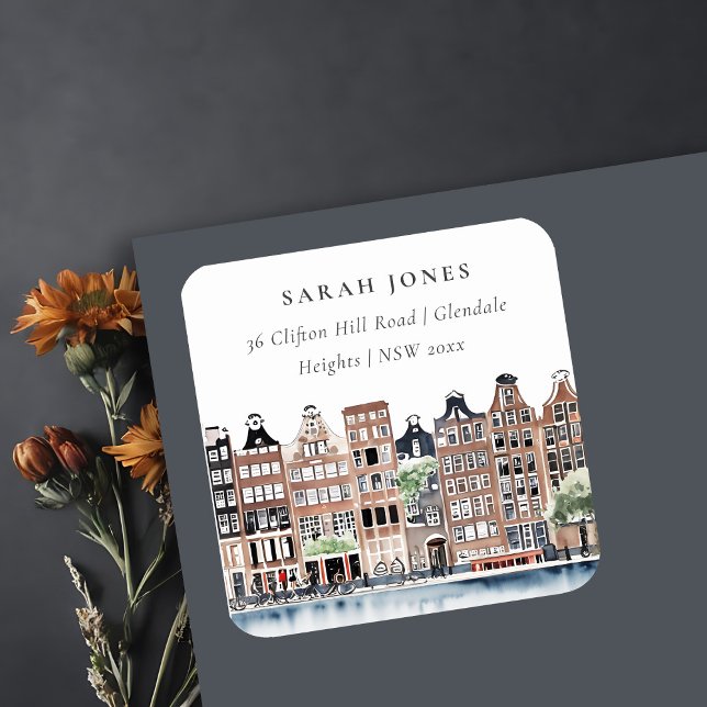 Sticker Carré Amsterdam Dutch Canal Watercolor Adresse paysagère (Créateur téléchargé)