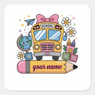 Sticker Carré Amusant bus scolaire mignon Éducation rentrée sc