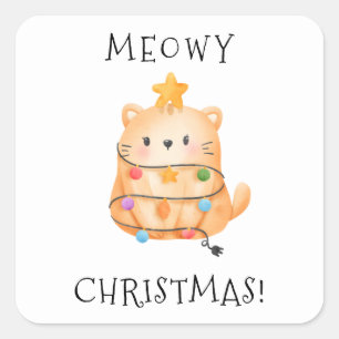 Sticker Carré Amusante Chat Meowy Feux de Noël Aquarelle