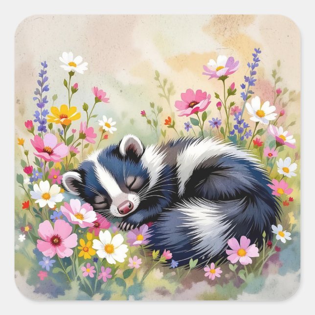 Sticker Carré An Adorable Skunk Napping in Flowers (Devant)