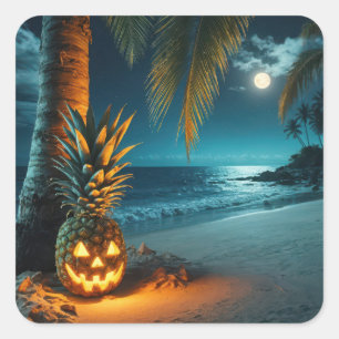 Sticker Carré Ananas Jack-o-lanterne Sur Une Plage