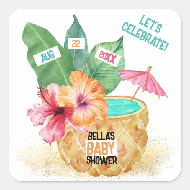 Sticker Carré Ananas Palm Hibiscus Baby shower de plage tropical (Devant)