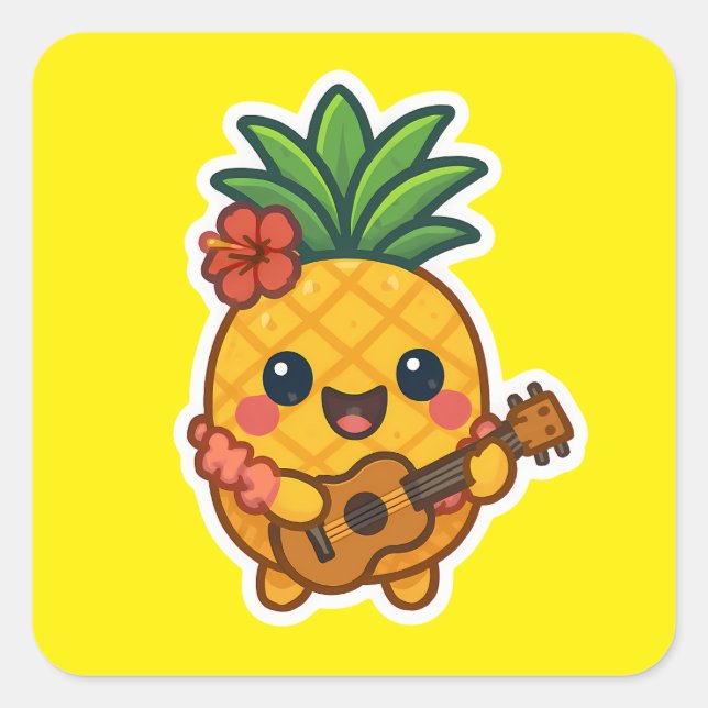 Sticker Carré Ananas souriant Kawaii - Tropical (Devant)