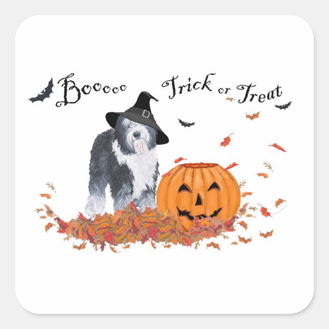 Sticker Carré Ancien chien de berger anglais Halloween (Devant)