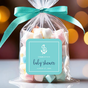 Sticker Carré Ancre Baby shower Turquoise et Blue Script