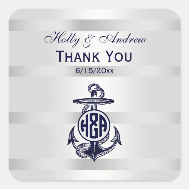 Sticker Carré Ancre Bleue Argent Blanc Cercle Marine Monogramme  (Devant)