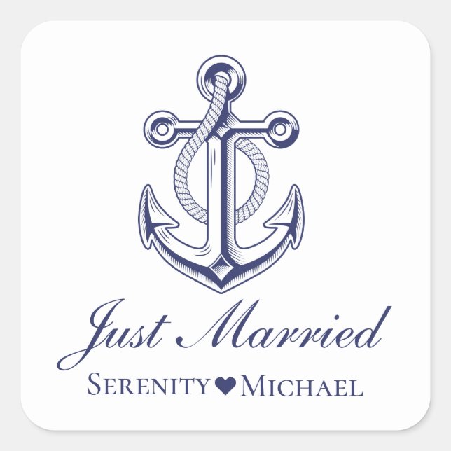 Sticker Carré Ancre Marine Bleu Nautique Juste Marié Mariage (Devant)