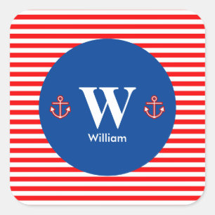 Sticker Carré Ancre Marine Nautique Rouge Blanc rayures Motif