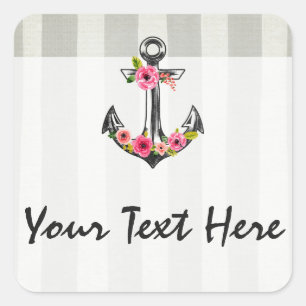 Sticker Carré Ancre nautique Aquarelle Roses Beach Boutique