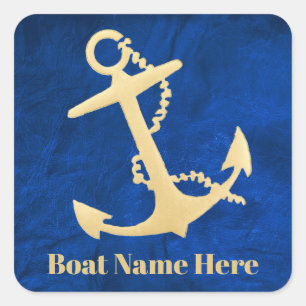 Sticker Carré Ancre nautique dorée avec nom de bateau