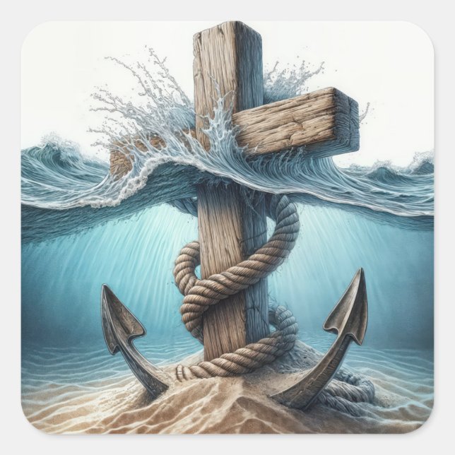 Sticker Carré Ancre nautique et traversée dans l'eau océanique (Devant)