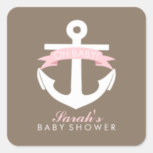 Sticker Carré Ancre rose et Baby shower ruban