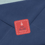 Sticker Carré Ancre Script rouge et bleu Enregistrer la date<br><div class="desc">Stylish Nautical Save the Date sticker avec une ancre et les mots "save the date" dans un script bleu élégant contre un arrière - plan rouge avec une bordure blanche. Utilisez-le pour sceller vos enveloppes. Consultez d'autres éléments mariages ici https://www.zazzle.com/rosewoodandcitrus/gifts?cg=196540141241316965&rf=238364477188679314 Personnalisez-le en remplaçant le texte de l'espace réservé. Pour plus...</div>