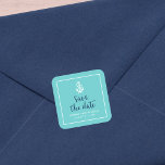 Sticker Carré Ancre Turquoise et Bleu Script Enregistrer la date<br><div class="desc">Stylish Nautical Save the Date sticker avec une ancre et les mots "save the date" dans un script bleu élégant contre un arrière - plan turquoise avec une bordure blanche. Utilisez-le pour sceller vos enveloppes. Consultez d'autres éléments mariages ici https://www.zazzle.com/rosewoodandcitrus/gifts?cg=196540141241316965&rf=238364477188679314 Personnalisez-le en remplaçant le texte de l'espace réservé. Pour plus...</div>