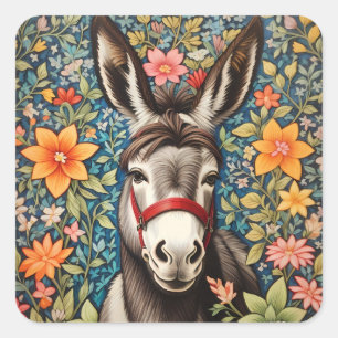 Sticker Carré Âne Mignon Sur Fond Floral Coloré
