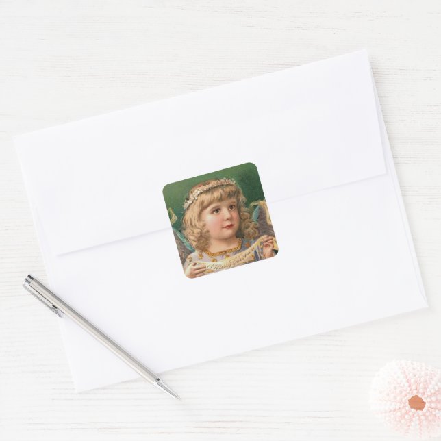 Sticker Carré Ange blonde avec bannière de Noël (Enveloppe)