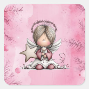 Sticker Carré Ange de Noël Rose Fantaisiste