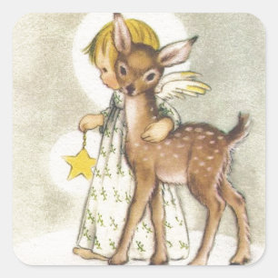 Sticker Carré Ange de Noël Vintage avec Baby Deer