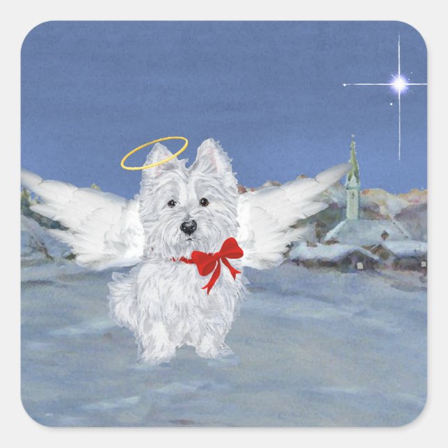 Sticker Carré ange de Noël Westie (Devant)