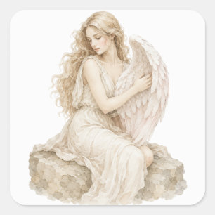 Sticker Carré Ange élégant vintage à l'aquarelle assis sur un ro