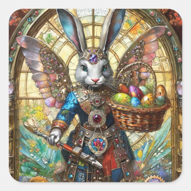 Sticker Carré ange guerrier lapin de Pâques steampunk (Devant)