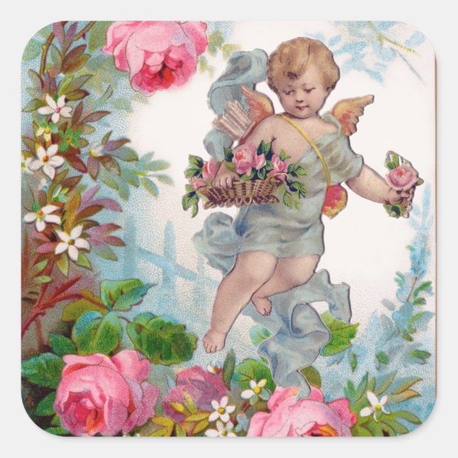 STICKER CARRÉ ANGE ROMANTIQUE RASSEMBLANT ROSES ET FLEURS ROSES  (Devant)