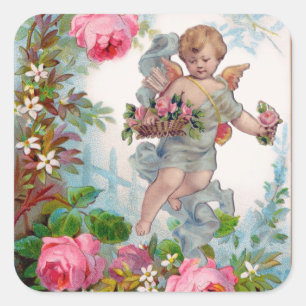 STICKER CARRÉ ANGE ROMANTIQUE RASSEMBLANT ROSES ET FLEURS ROSES