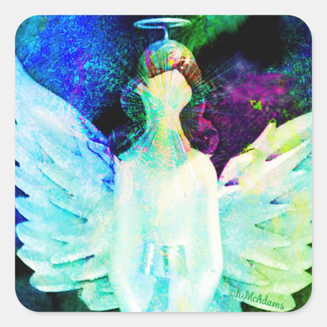 Sticker Carré Angel Aquarelle Vert Bleu Ailes Halo Art (Devant)