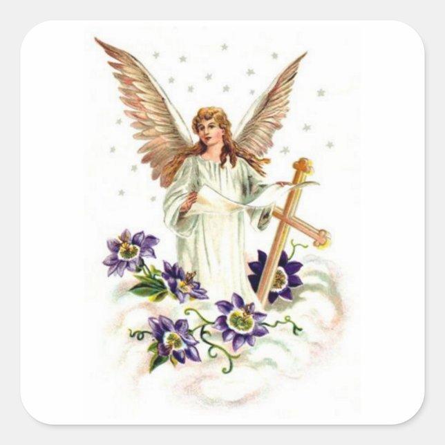 Sticker Carré Angel Avec Croix Et Fleurs Clematis (Devant)