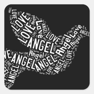 Sticker Carré Angel Love Dove, Blanc sur Noir