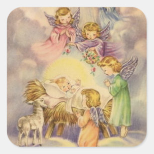 Sticker Carré Angels vintages autour du bébé Jésus