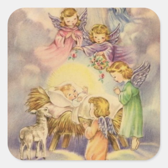Sticker Carré Angels vintages autour du bébé Jésus (Devant)