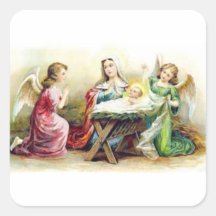 Sticker Carré Angels vintages entourant Bébé Jésus et Marie