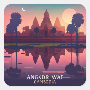 Sticker Carré Angkor Wat Sunrise Cambodge Siem Reap Retro