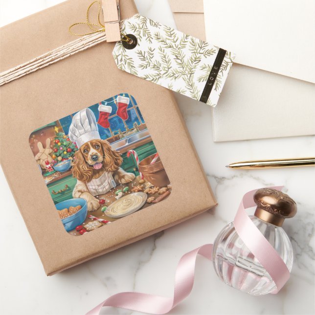 Sticker Carré Anglais Cocker Spaniel Vacances Baking : Noël (Cadeaux)