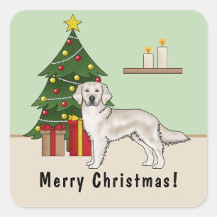 Sticker Carré Anglais Crème Golden Retriever avec sapin de Noël