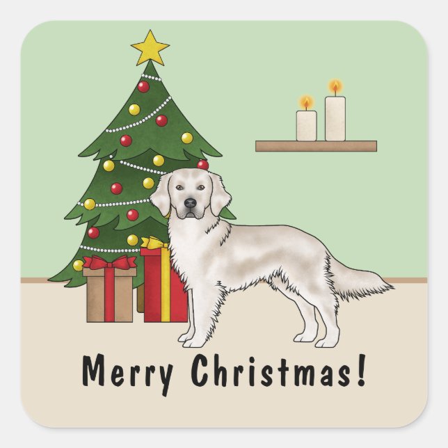Sticker Carré Anglais Crème Golden Retriever avec sapin de Noël (Devant)