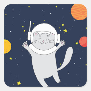 Sticker Carré Animal Astronaut Chat Avec Casque Spatial Clipart 