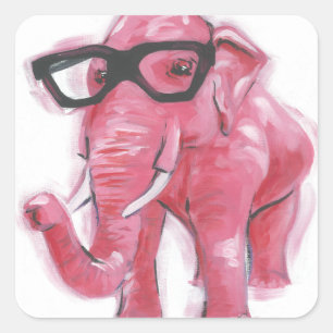 Sticker Carré Animal Dapper   Eléphant Rose Dans Les Lunettes De