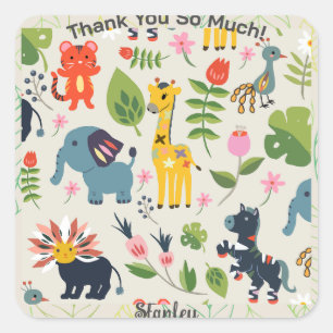 Sticker Carré Animau Jungle Pastel Leaf Motif Merci