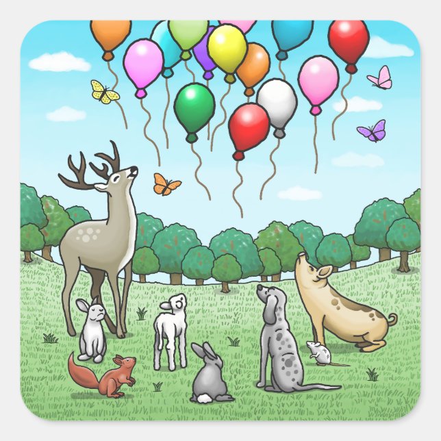 Sticker Carré Animaux avec ballons d'anniversaire (Devant)