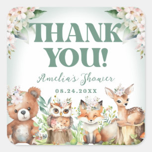 Sticker Carré Animaux boisés Vert doux et Baby shower floral