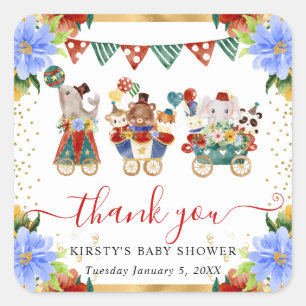 Sticker Carré Animaux de cirque à l'aquarelle Baby Shower floral
