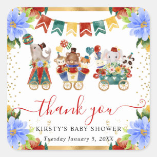 Sticker Carré Animaux de cirque à l'aquarelle Baby Shower floral