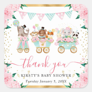 Sticker Carré Animaux de cirque Fleurs rose aquarelle Baby Showe